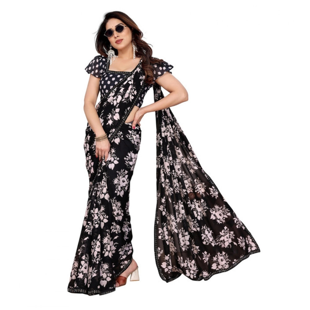 Women's Georgette Printed Saree With Unstitched Blouse 5.5Mtr (Black)