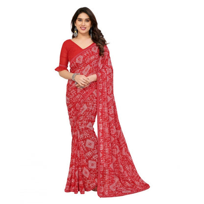 Women's Georgette Printed Saree With Unstitched Blouse 5.5Mtr (Red)