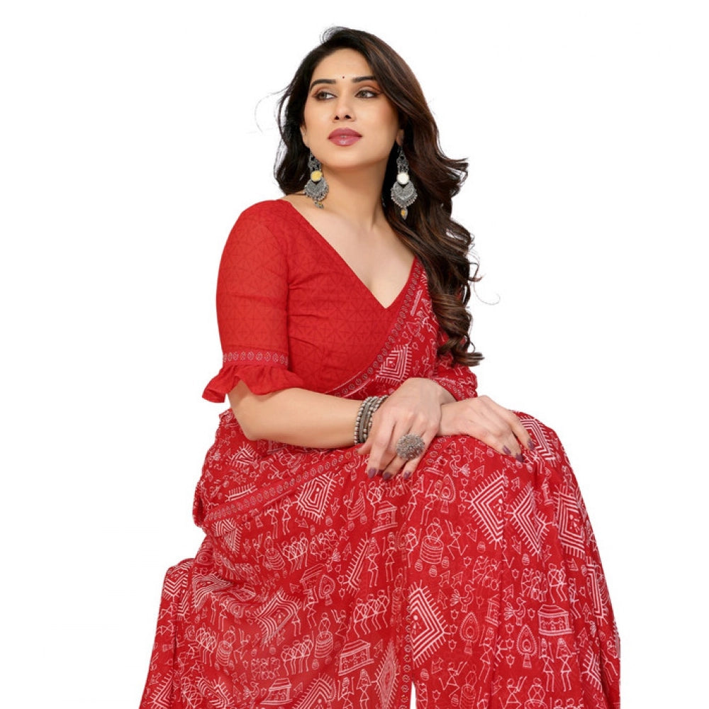 Women's Georgette Printed Saree With Unstitched Blouse 5.5Mtr (Red)