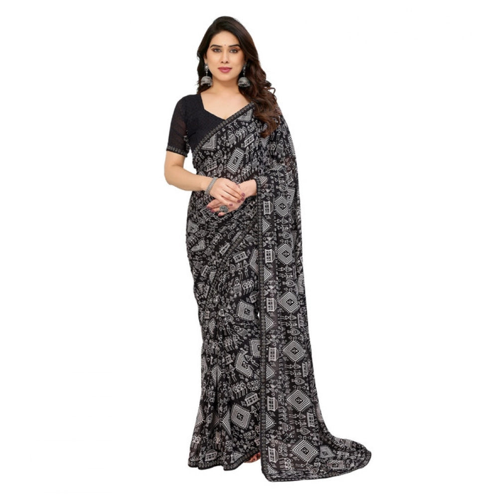 Women's Georgette Printed Saree With Unstitched Blouse 5.5Mtr (Black)
