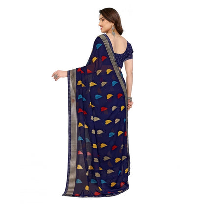 Women's Georgette Printed Saree With Unstitched Blouse 5.5Mtr (Navy Blue)