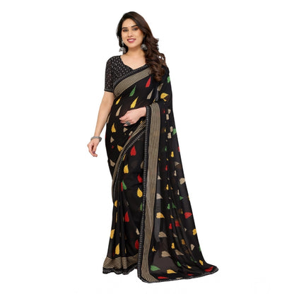 Women's Georgette Printed Saree With Unstitched Blouse 5.5Mtr (Black)