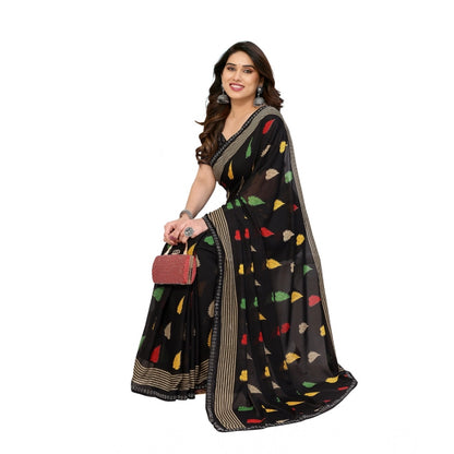 Women's Georgette Printed Saree With Unstitched Blouse 5.5Mtr (Black)