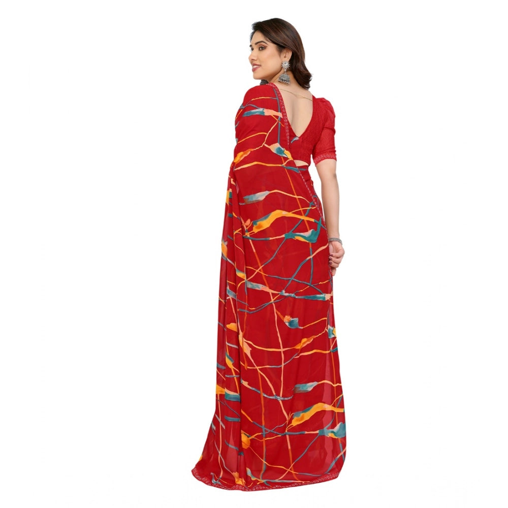 Women's Georgette Printed Saree With Unstitched Blouse 5.5Mtr (Red)