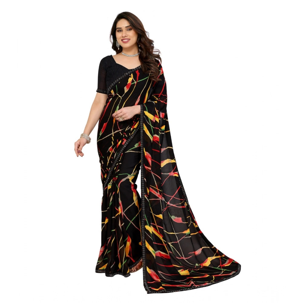 Women's Georgette Printed Saree With Unstitched Blouse 5.5Mtr (Black)