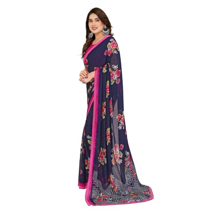 Women's Georgette Printed Saree With Unstitched Blouse 5.5Mtr (Blue)