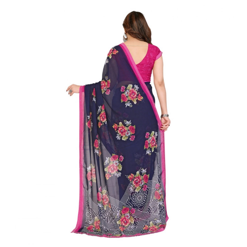 Women's Georgette Printed Saree With Unstitched Blouse 5.5Mtr (Blue)