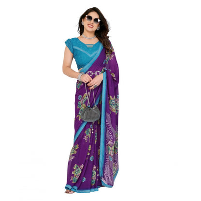 Women's Georgette Printed Saree With Unstitched Blouse 5.5Mtr (Purple)