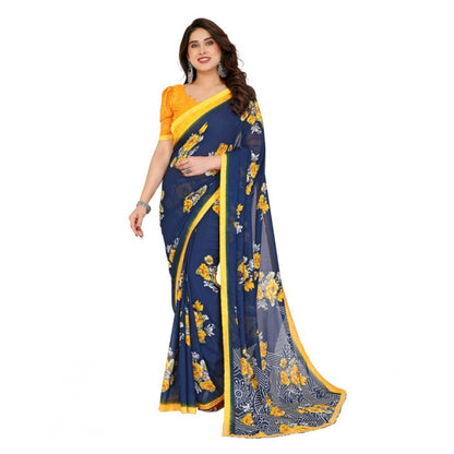 Women's Georgette Printed Saree With Unstitched Blouse 5.5Mtr (Blue)