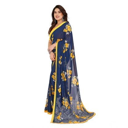 Women's Georgette Printed Saree With Unstitched Blouse 5.5Mtr (Blue)
