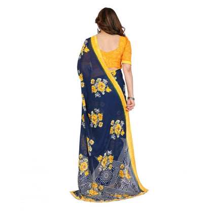 Women's Georgette Printed Saree With Unstitched Blouse 5.5Mtr (Blue)