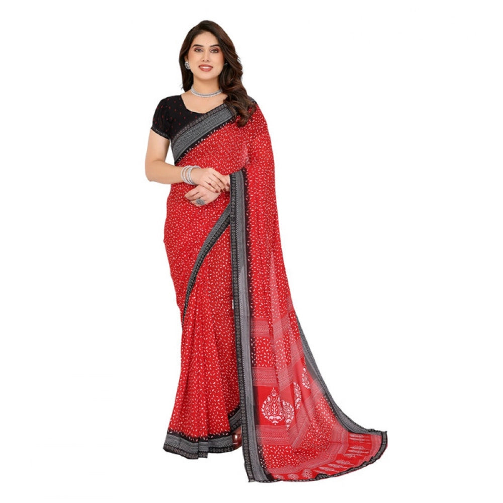 Women's Georgette Printed Saree With Unstitched Blouse 5.5Mtr (Red)