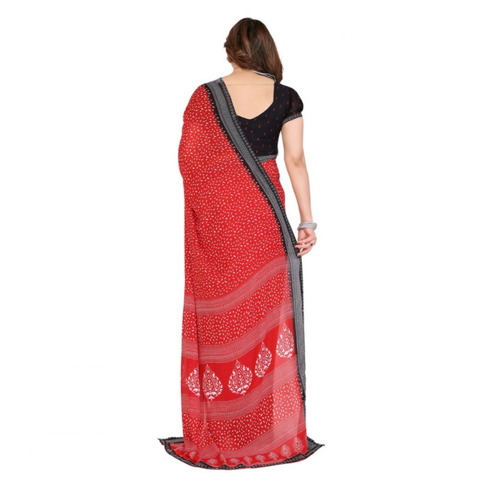 Women's Georgette Printed Saree With Unstitched Blouse 5.5Mtr (Red)