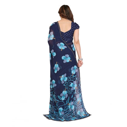 Women's Georgette Printed Saree With Unstitched Blouse 5.5Mtr (Navy Blue)