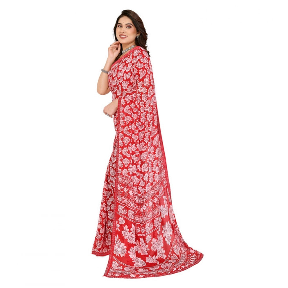 Women's Georgette Printed Saree With Unstitched Blouse 5.5Mtr (Red)