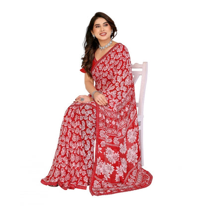 Women's Georgette Printed Saree With Unstitched Blouse 5.5Mtr (Red)