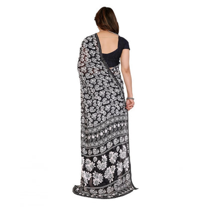 Women's Georgette Printed Saree With Unstitched Blouse 5.5Mtr (Black)