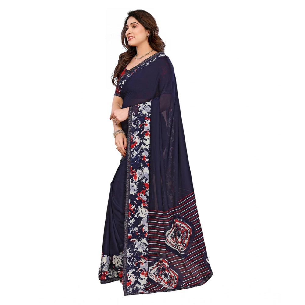 Women's Georgette Printed Saree With Unstitched Blouse 5.5Mtr (Navy Blue)
