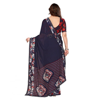 Women's Georgette Printed Saree With Unstitched Blouse 5.5Mtr (Navy Blue)