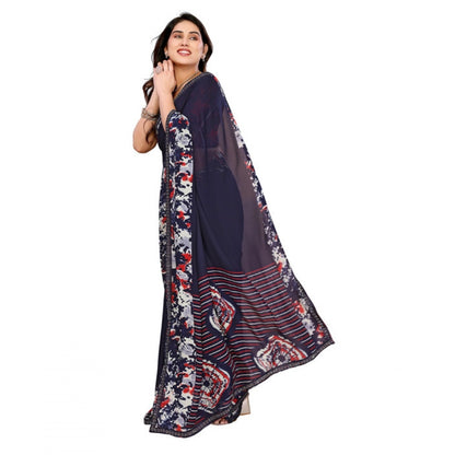 Women's Georgette Printed Saree With Unstitched Blouse 5.5Mtr (Navy Blue)