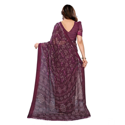 Women's Georgette Printed Saree With Unstitched Blouse 5.5Mtr (Wine)