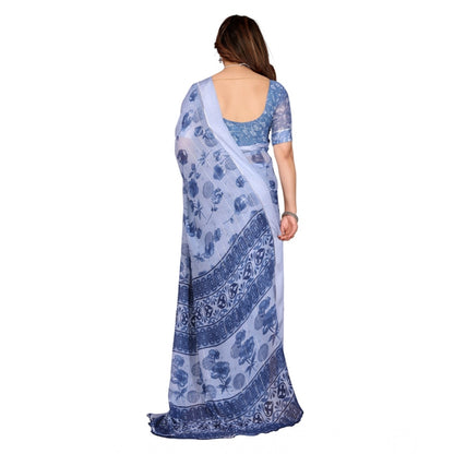 Women's Georgette Printed Saree With Unstitched Blouse 5.5Mtr (Light Blue)