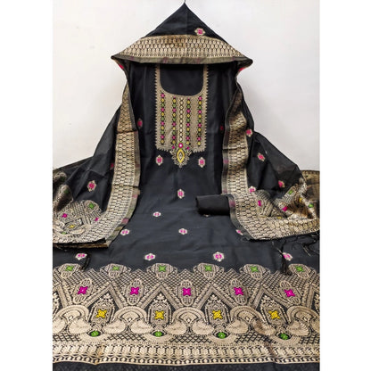 Women's Banarasi Silk Printed Unstitched Salwar Suit Material With Dupatta (Black, 3Mtrs)