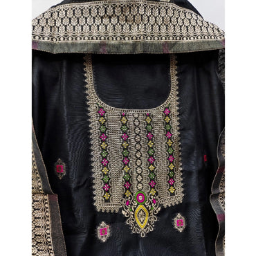 Women's Banarasi Silk Printed Unstitched Salwar Suit Material With Dupatta (Black, 3Mtrs)