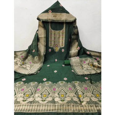 Women's Banarasi Silk Printed Unstitched Salwar Suit Material With Dupatta (Bottle Green, 3Mtrs)