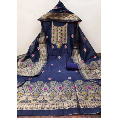 Women's Banarasi Silk Printed Unstitched Salwar Suit Material With Dupatta (Navy Blue, 3Mtrs)