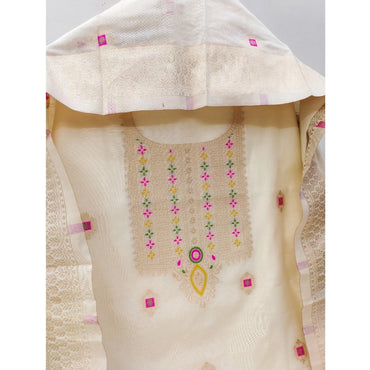 Women's Banarasi Silk Printed Unstitched Salwar Suit Material With Dupatta (White, 3Mtrs)