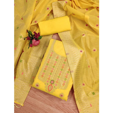 Women's Banarasi Silk Printed Unstitched Salwar Suit Material With Dupatta (Yellow, 3Mtrs)
