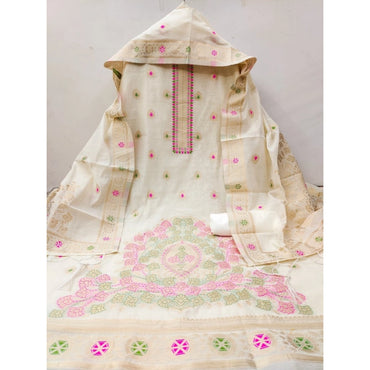 Women's Banarasi Silk Printed Unstitched Salwar Suit Material With Dupatta (White, 3Mtrs)