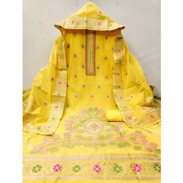 Women's Banarasi Silk Printed Unstitched Salwar Suit Material With Dupatta (Yellow, 3Mtrs)