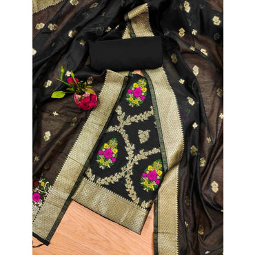 Women's Banarasi Silk Printed Unstitched Salwar Suit Material With Dupatta (Black, 3Mtrs)
