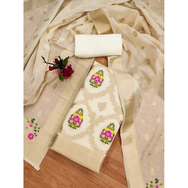 Women's Banarasi Silk Printed Unstitched Salwar Suit Material With Dupatta (White, 3Mtrs)