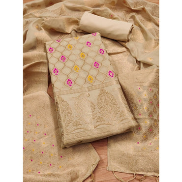 Women's Banarasi Silk Printed Unstitched Salwar Suit Material With Dupatta (Cream, 3Mtrs)