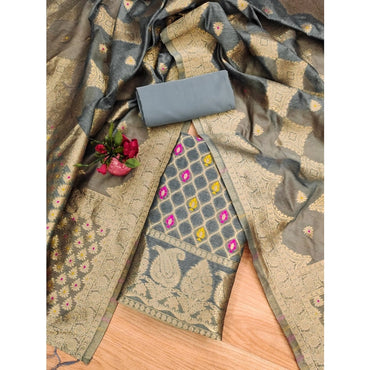 Women's Banarasi Silk Printed Unstitched Salwar Suit Material With Dupatta (Grey, 3Mtrs)