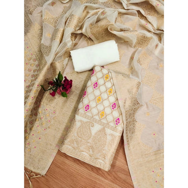 Women's Banarasi Silk Printed Unstitched Salwar Suit Material With Dupatta (White, 3Mtrs)