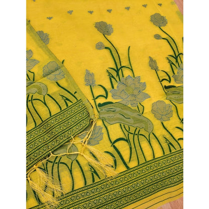 Women's Banarasi Silk Printed Unstitched Salwar Suit Material With Dupatta (Yellow, 3Mtrs)