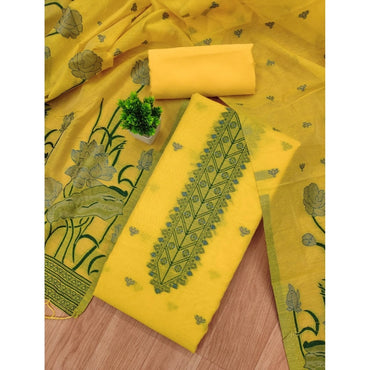 Women's Banarasi Silk Printed Unstitched Salwar Suit Material With Dupatta (Yellow, 3Mtrs)