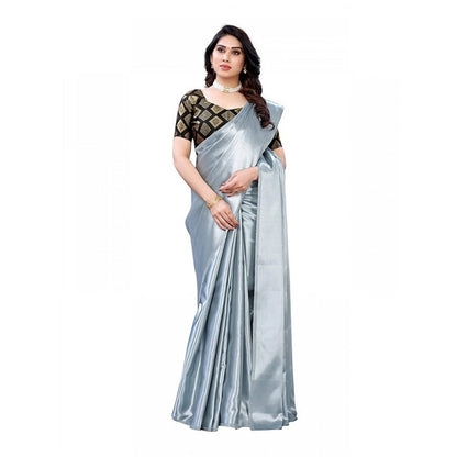 Women's Satin Printed Saree With Unstitched Blouse 5.5Mtr (Grey)