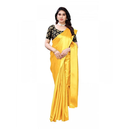 Women's Satin Printed Saree With Unstitched Blouse 5.5Mtr (Yellow)