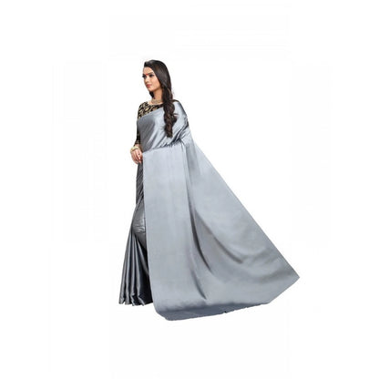 Women's Satin Solid Saree With Unstitched Blouse 5.5Mtr (Grey)