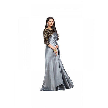 Women's Satin Solid Saree With Unstitched Blouse 5.5Mtr (Grey)