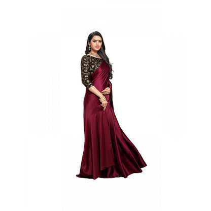 Women's Satin Solid Saree With Unstitched Blouse 5.5Mtr (Maroon)