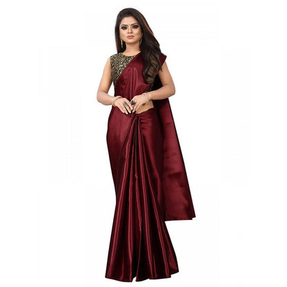 Women's Satin Printed Saree With Unstitched Blouse 5.5Mtr (Maroon)