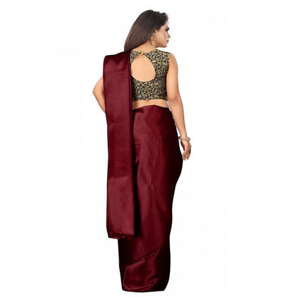 Women's Satin Printed Saree With Unstitched Blouse 5.5Mtr (Maroon)