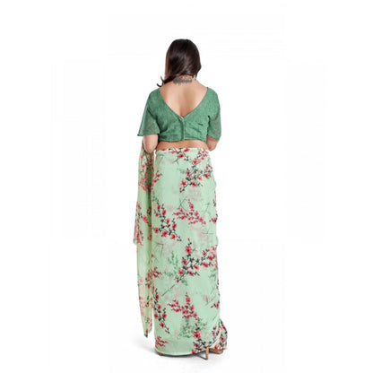 Women's Georgette Printed Saree With Unstitched Blouse 5.5Mtr (Light Green)