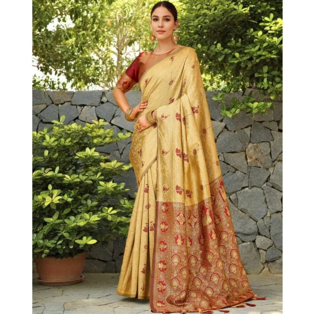 Women's Silk Blend Woven Paithani Saree With Unstitched Blouse 5.5Mtr (Beige)